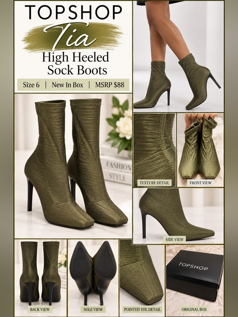 TOPSHOP Tia High-Heeled Sock Boots - Olive Green Preloved Excellent Condition